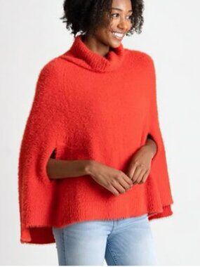 Mersea Red Cozy Chalet Cowl Neck Relaxed Fit Faux Fur Poncho Sweater OS